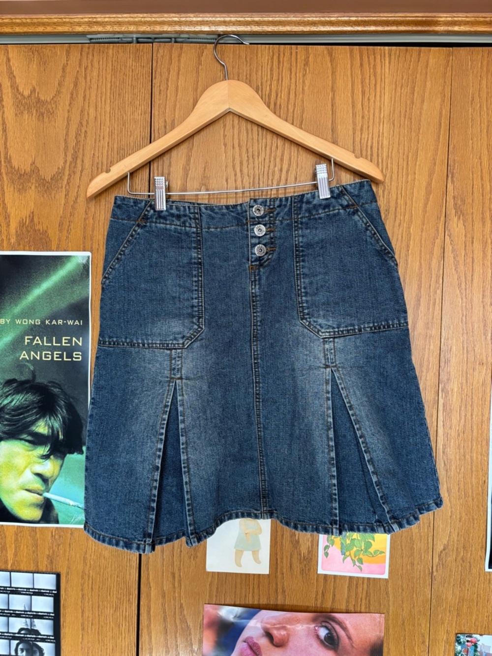 Denim Button-Front A-Line Skirt - Blue